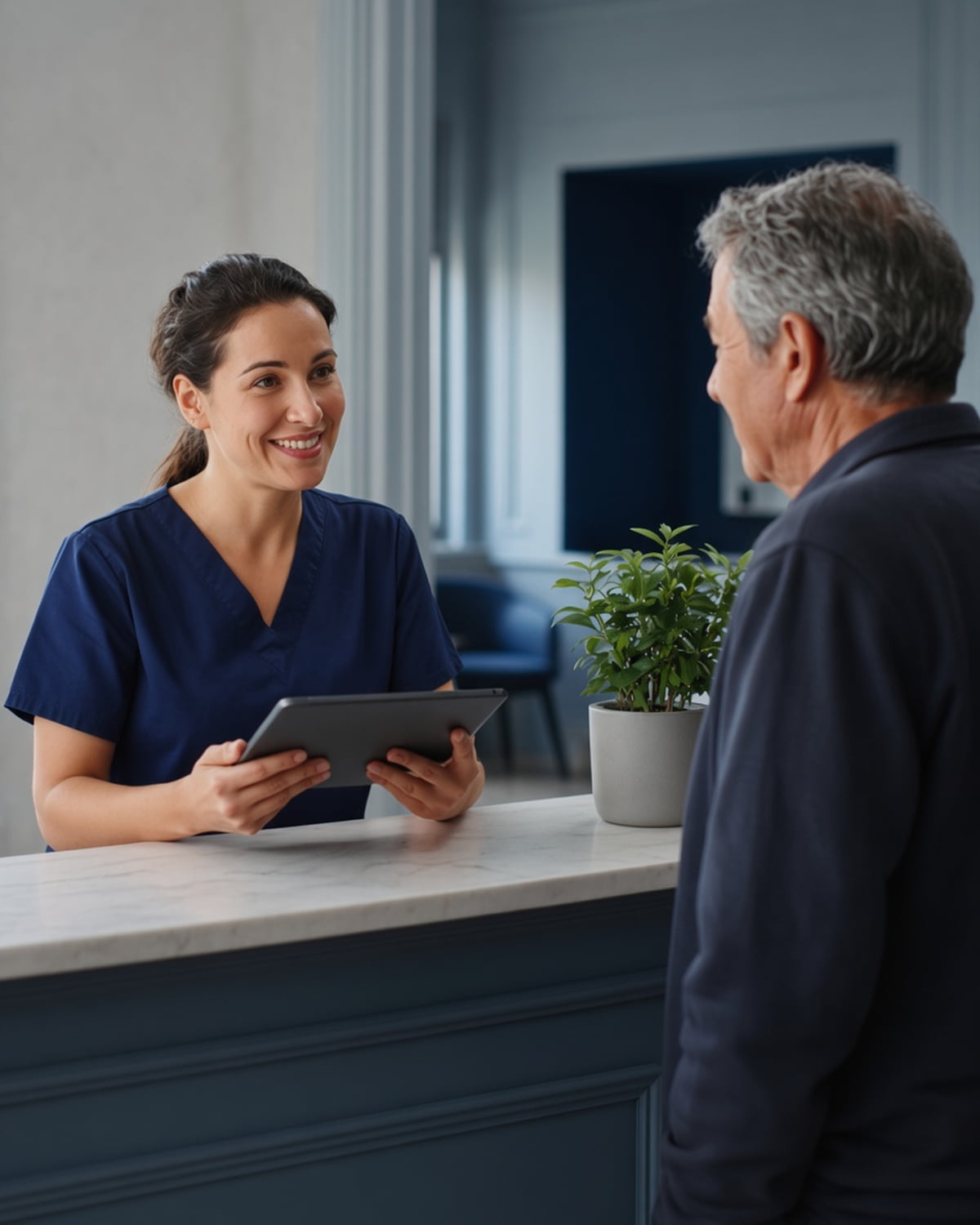 Une assistante dentaire sourit à un patient à l’accueil du cabinet, tablette en main, dans la lumière d’une fenêtre.