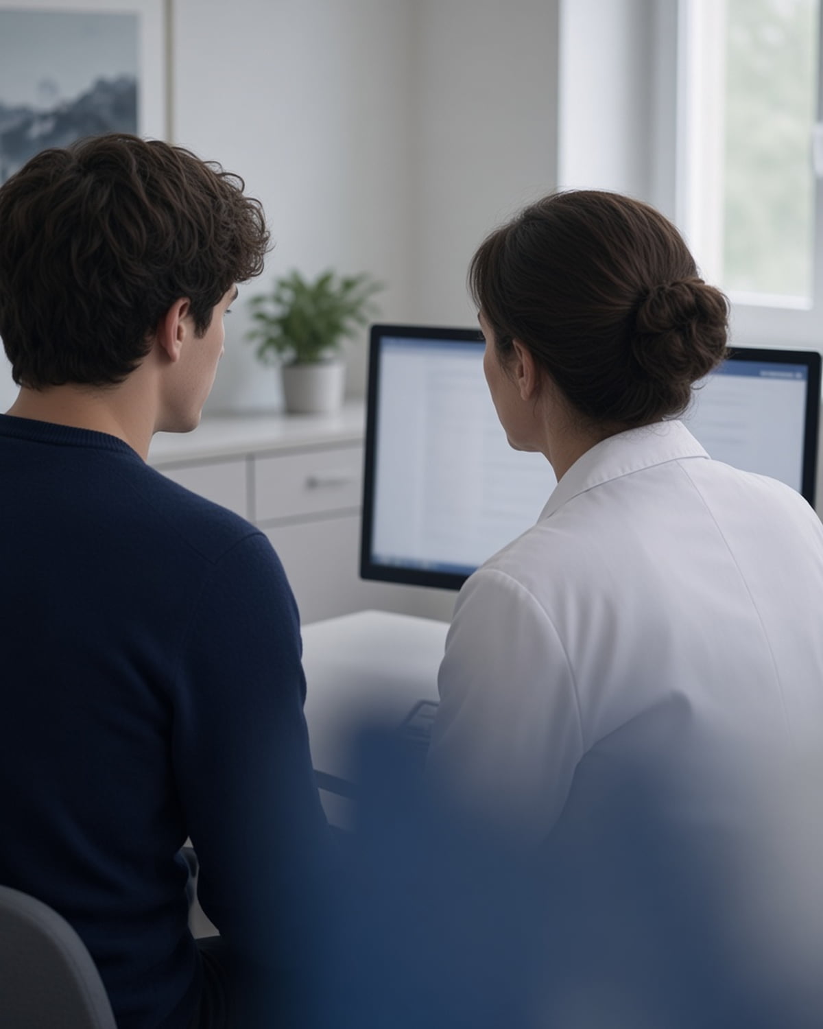 Une dentiste et son patient regardent ensemble un devis sur un écran.
