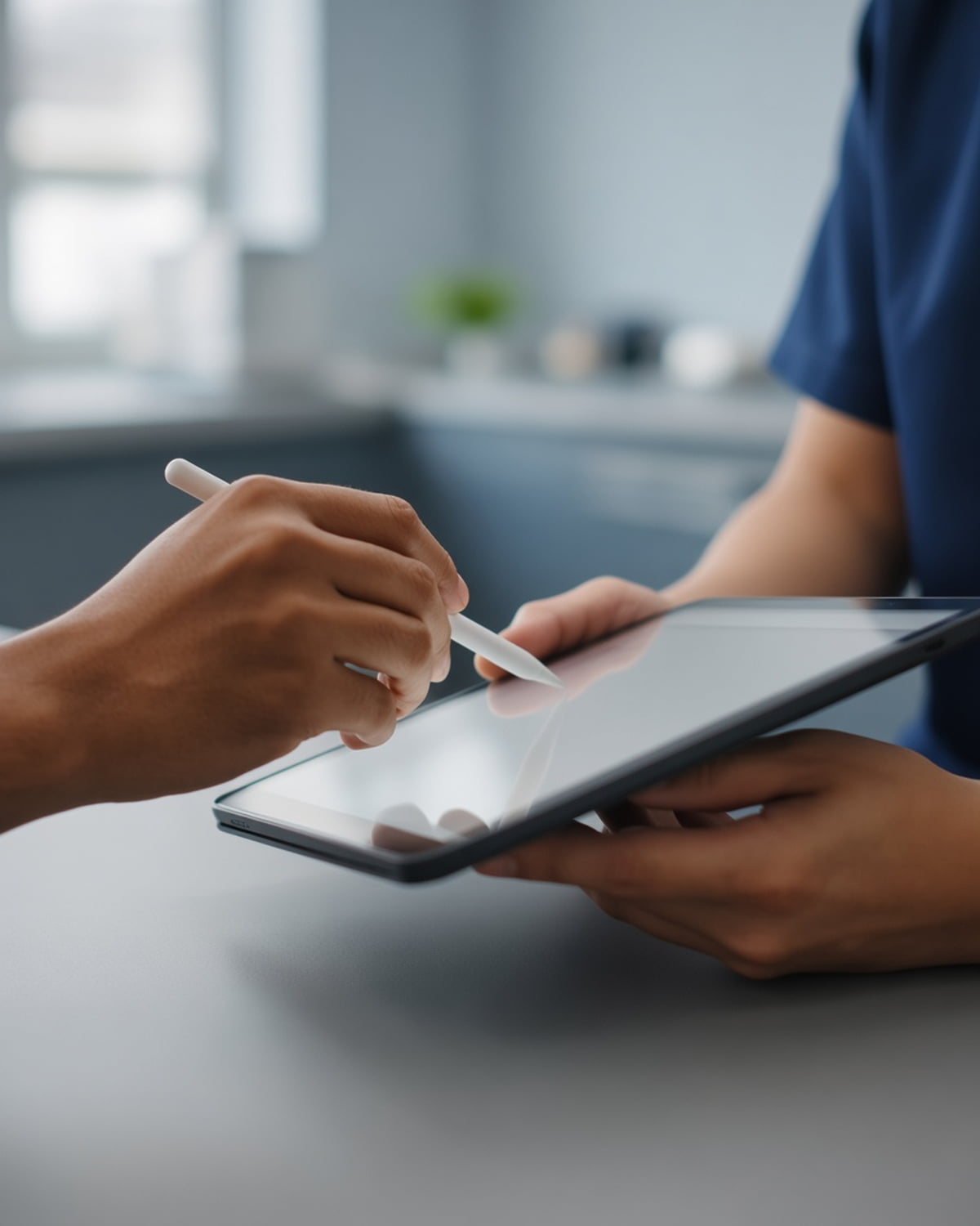 Gros plan sur la main d’un patient qui signe sur une tablette tenue par une assistante.